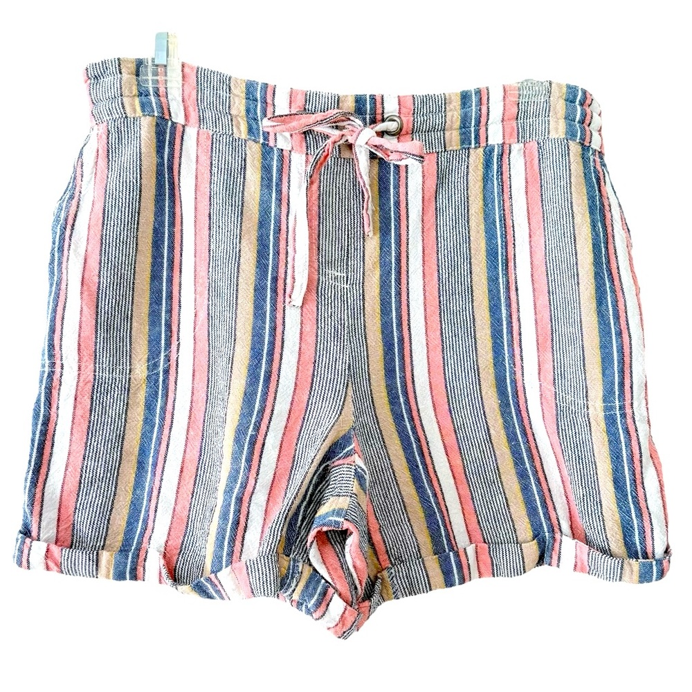 Linen Per Se Beach Drawstring Shorts Blue Pink Tan Striped Size Medium